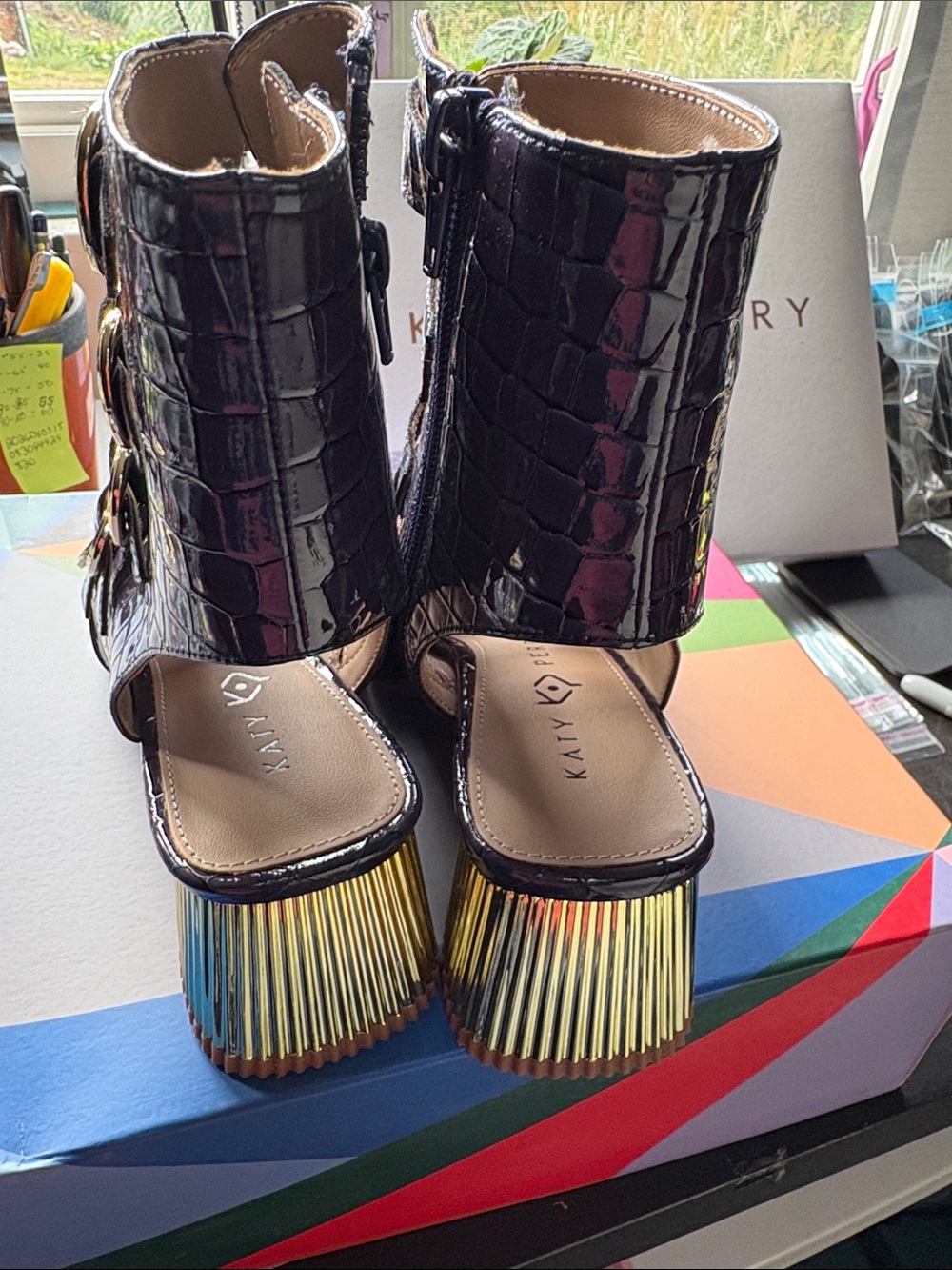 Katy Perry Collections Shiny Purple Croc Buckle Block Heels - Picture 5 of 8